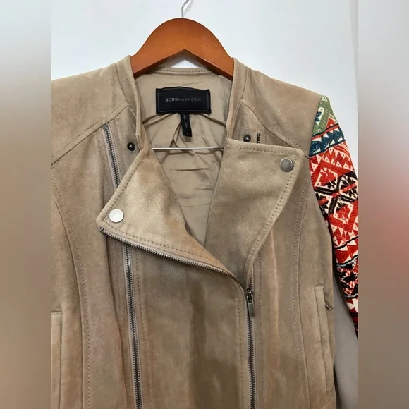 BCBGMAXAZRIA Women Tan Aztec/Tribal Print Faux Suede Peter Moto Jacket Small - Picture 5 of 15